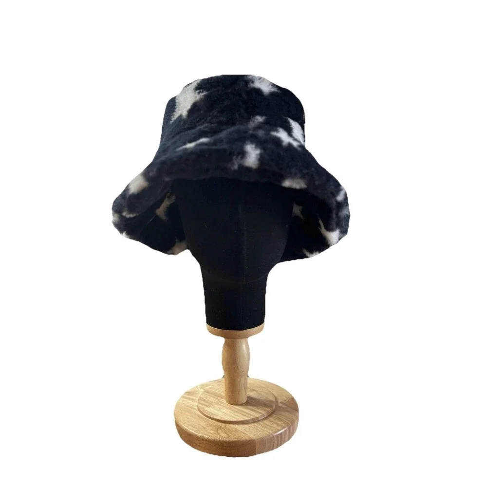 Girls' Star Printed Soft Fuzzy Faux Fur Bucket Hat - Art Class Black
